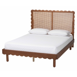 Baxton Studio Orianthe Scalloped Platform Bed with Woven Rattan Headboard - Solid Wood Bed Frame with Curved Edge Design, Modern Minimalist Bedroom Furniture, Queen Size